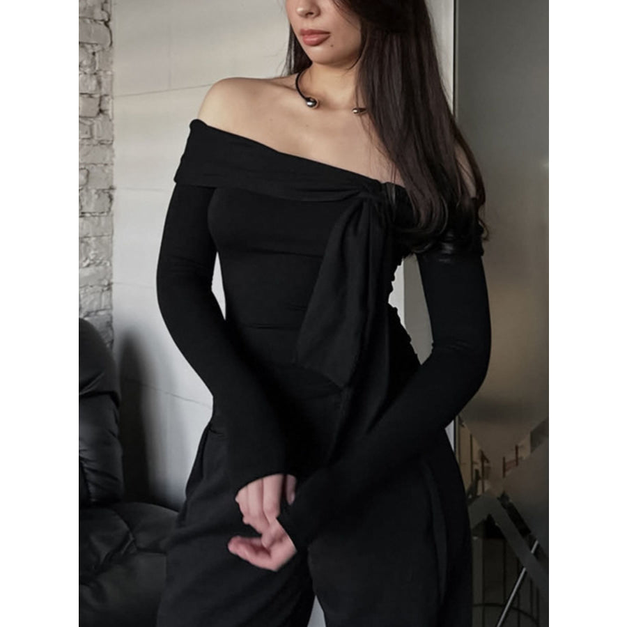 Off-Shoulder Tie-Front Long Sleeve Blouse Apparel and Accessories