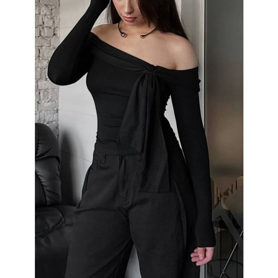 Off-Shoulder Tie-Front Long Sleeve Blouse Apparel and Accessories