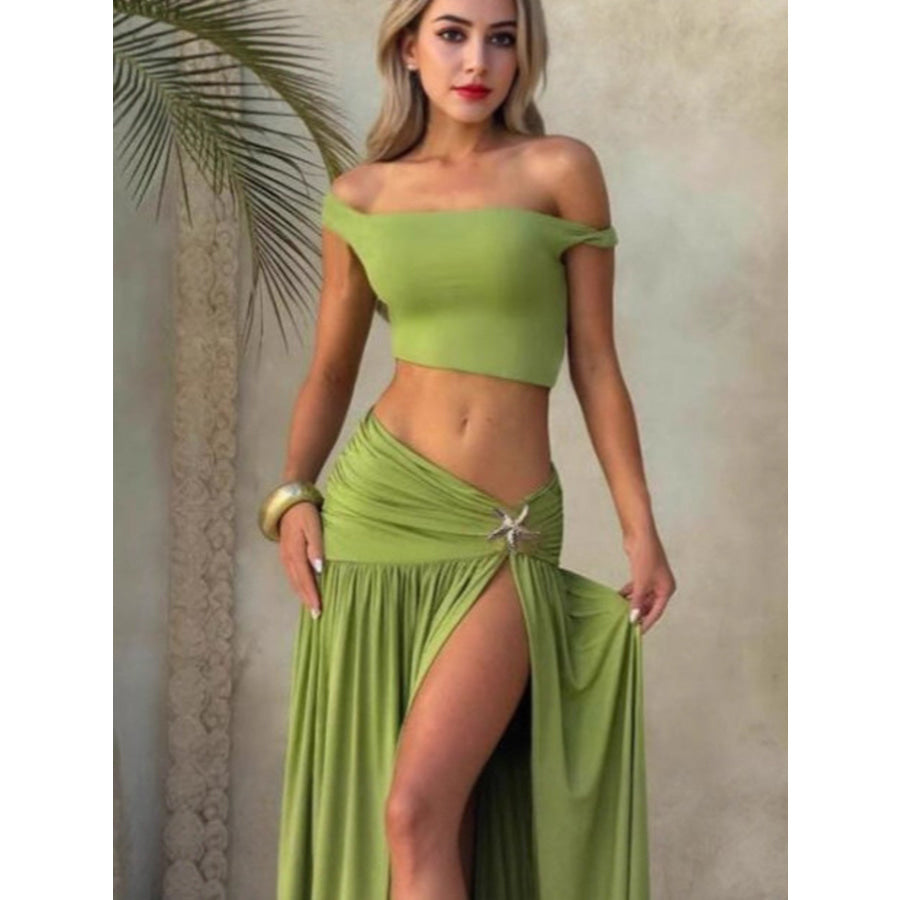 Off-Shoulder Top and Split Skirt Set Apparel and Accessories