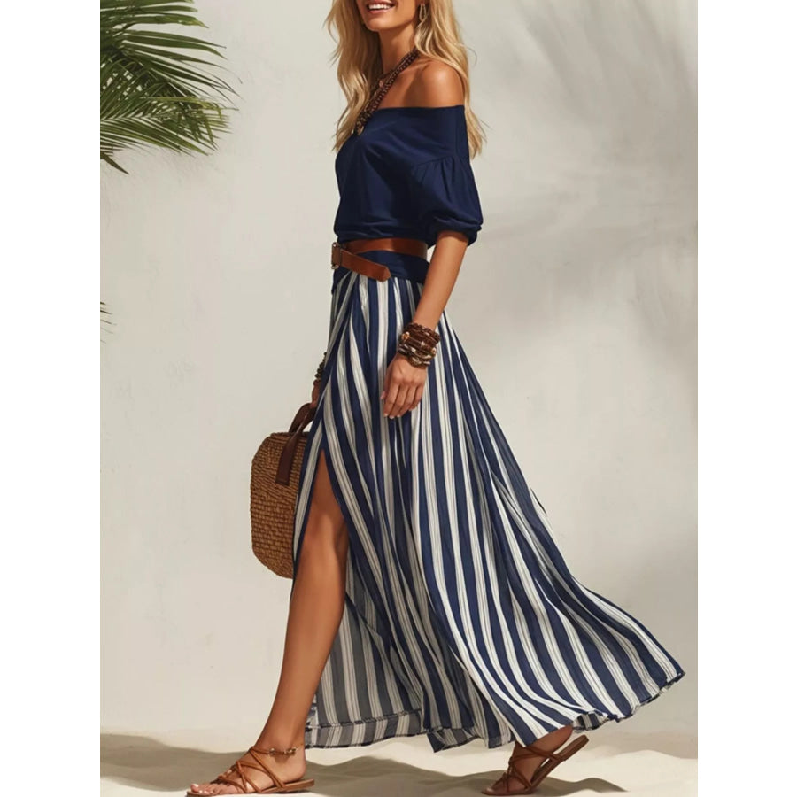 Off Shoulder Top and Striped Maxi Skirt Set Apparel and Accessories