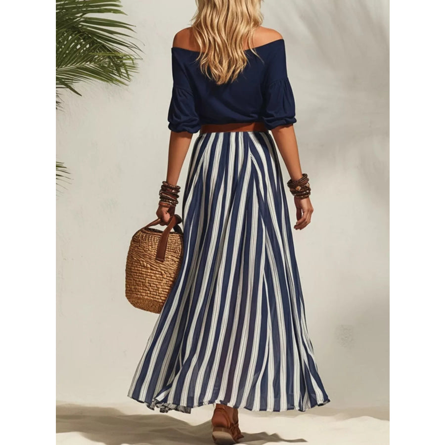 Off Shoulder Top and Striped Maxi Skirt Set Apparel and Accessories