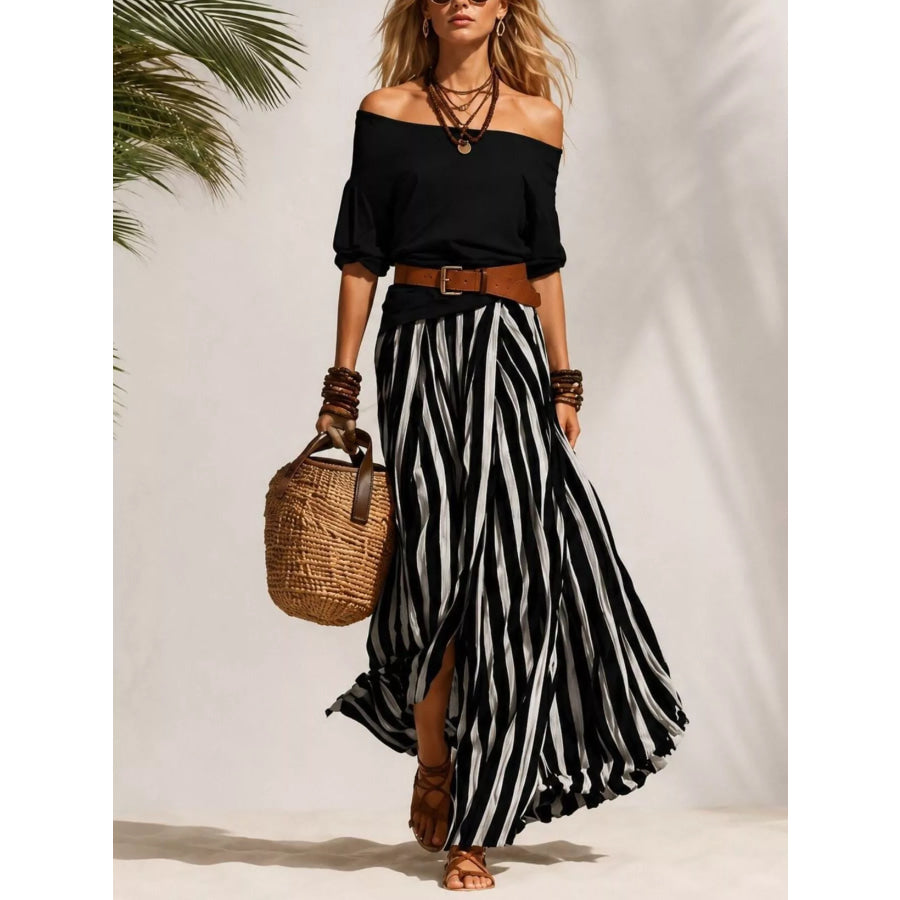 Off Shoulder Top and Striped Maxi Skirt Set Black / S Apparel and Accessories
