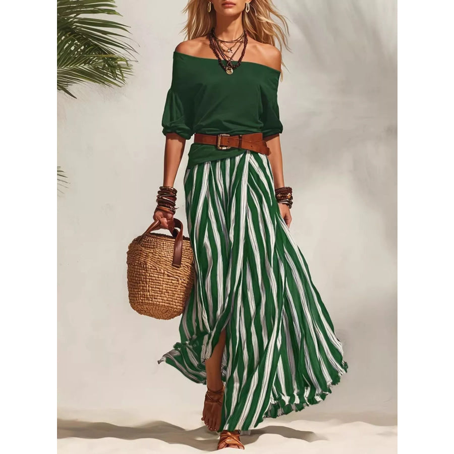 Off Shoulder Top and Striped Maxi Skirt Set Green / S Apparel and Accessories
