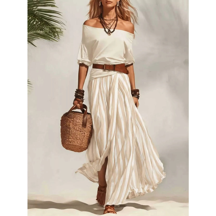 Off Shoulder Top and Striped Maxi Skirt Set Ivory / S Apparel and Accessories