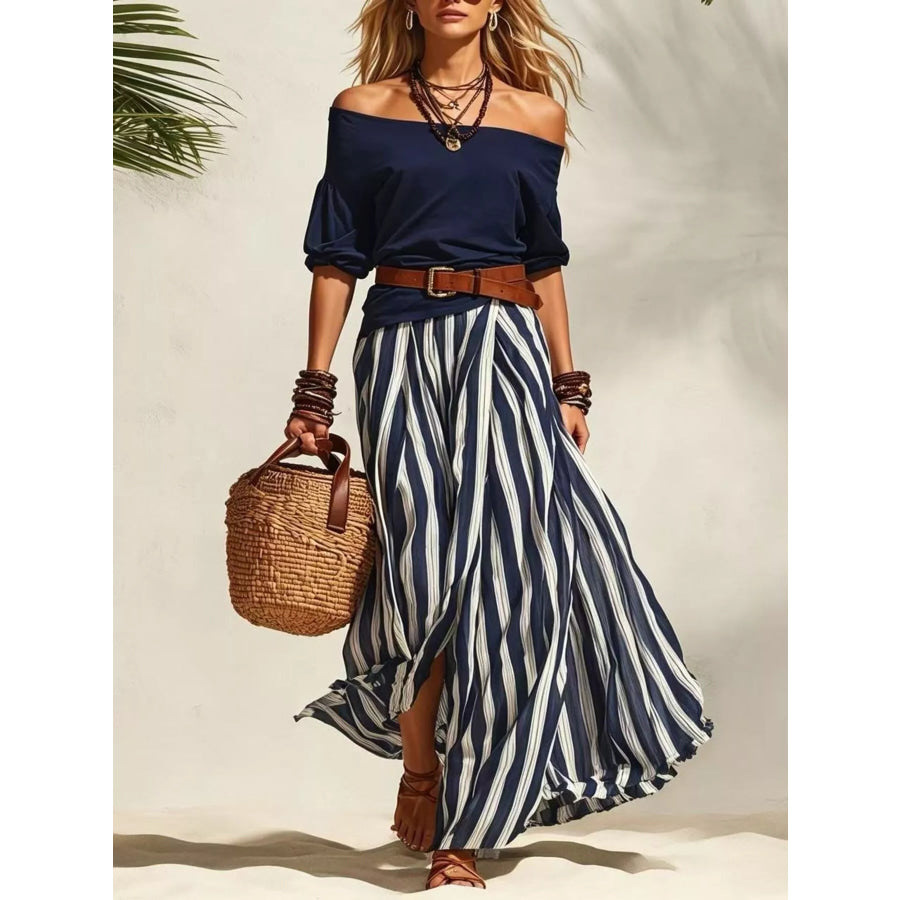 Off Shoulder Top and Striped Maxi Skirt Set Navy / S Apparel and Accessories