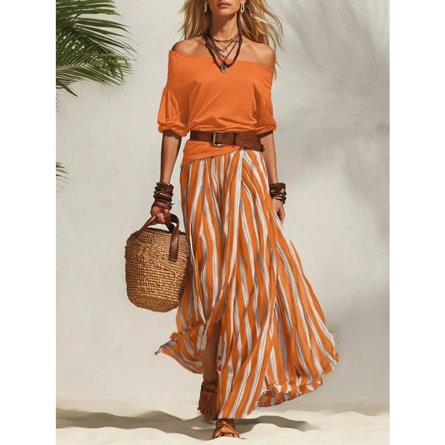 Off Shoulder Top and Striped Maxi Skirt Set Orange / S Apparel and Accessories