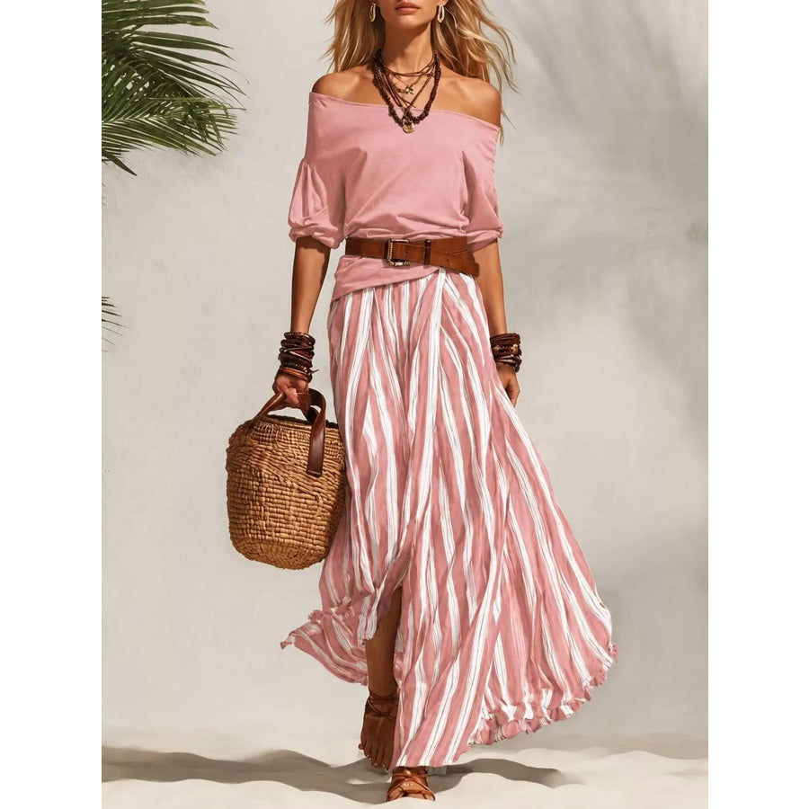 Off Shoulder Top and Striped Maxi Skirt Set Pink / S Apparel and Accessories