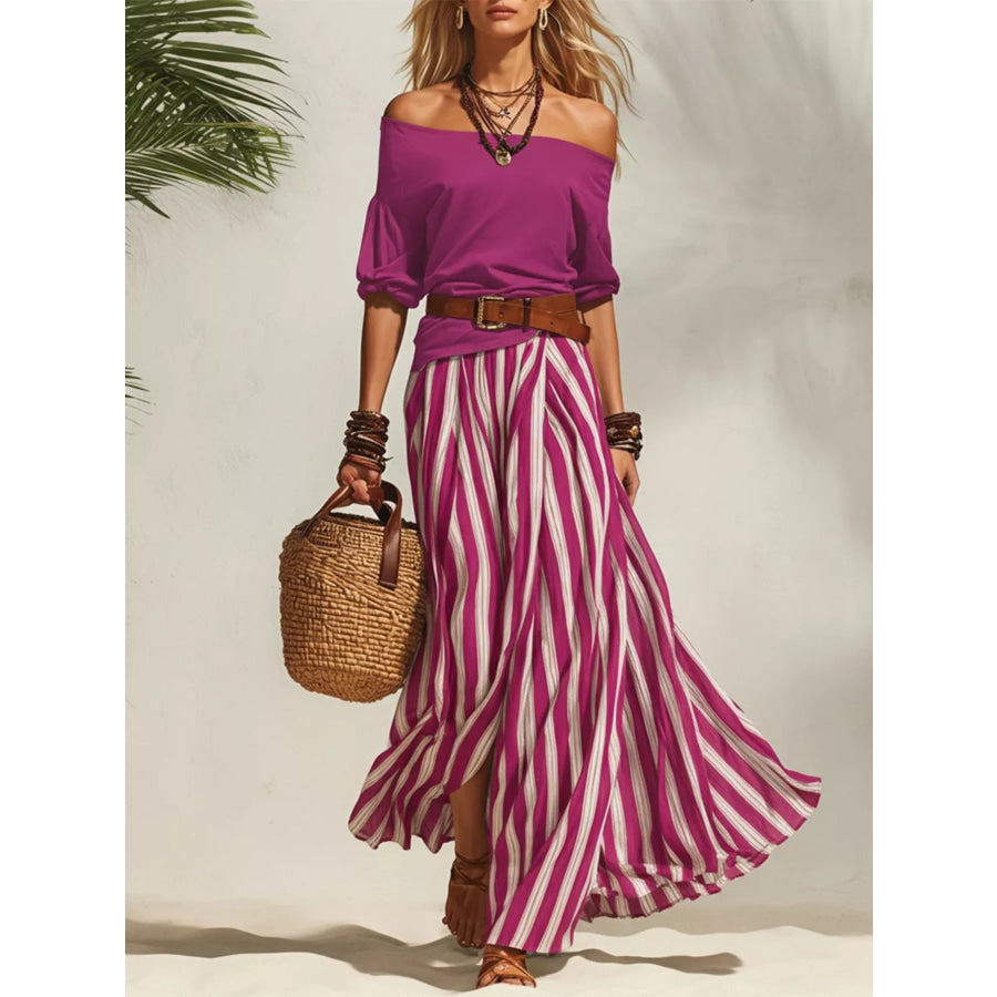 Off Shoulder Top and Striped Maxi Skirt Set Red / S Apparel and Accessories