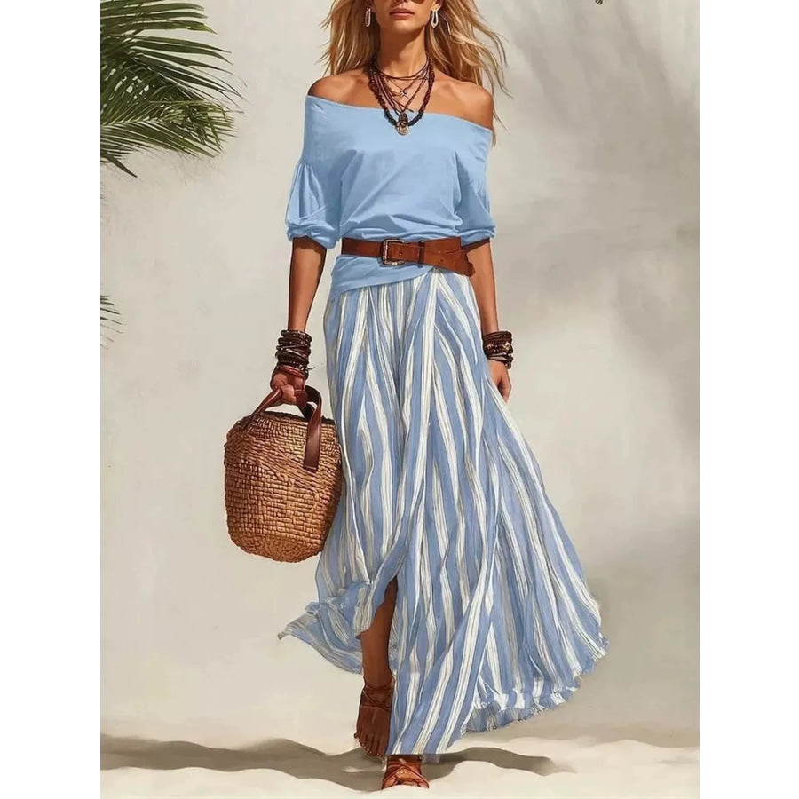 Off Shoulder Top and Striped Maxi Skirt Set Sky Blue / S Apparel and Accessories