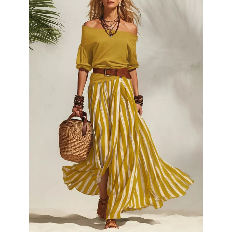 Off Shoulder Top and Striped Maxi Skirt Set Yellow / S Apparel and Accessories