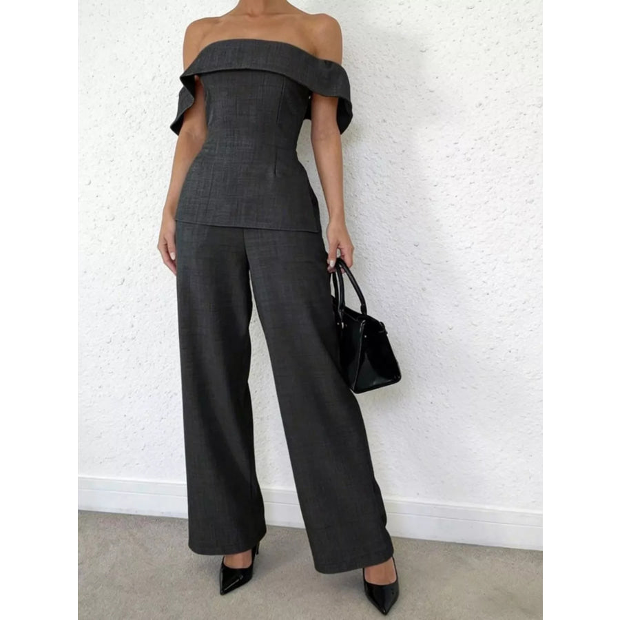 Off-Shoulder Top and Wide-Leg Pants Set Dark Gray / XS Apparel and Accessories