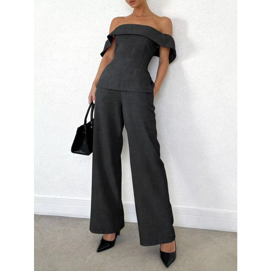 Off-Shoulder Top and Wide-Leg Pants Set Dark Gray / XS Apparel and Accessories
