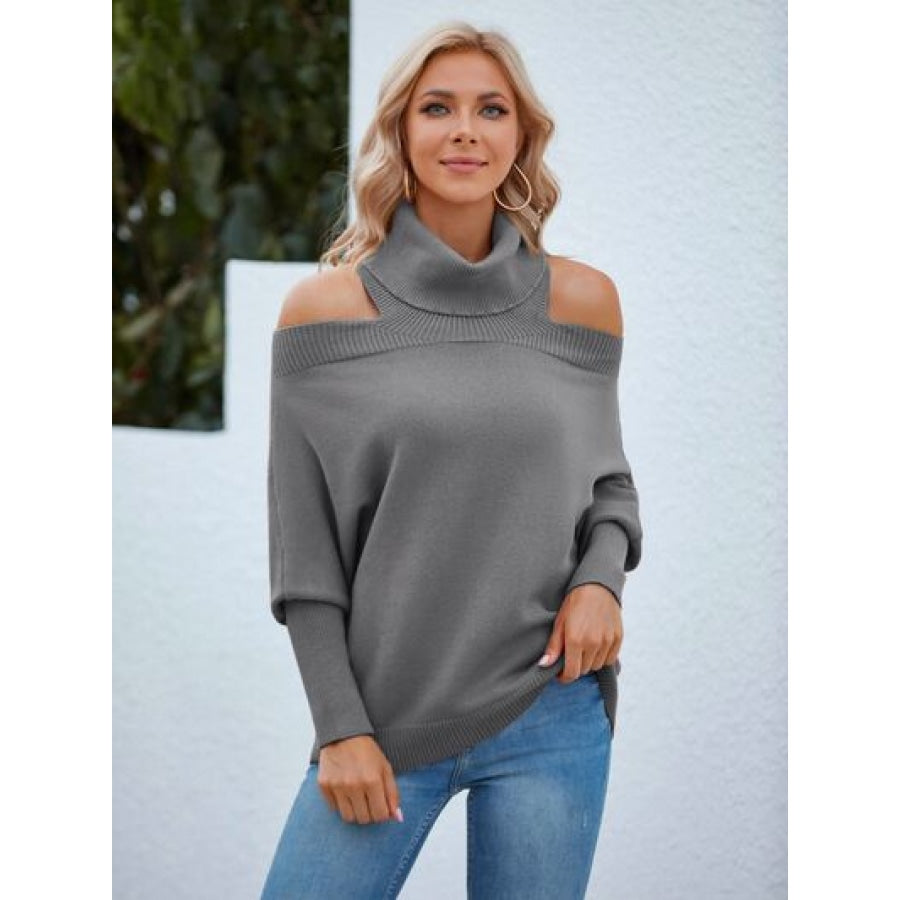 Off Shoulder Turtleneck Batwing Sleeve Sweater Charcoal / S Clothing