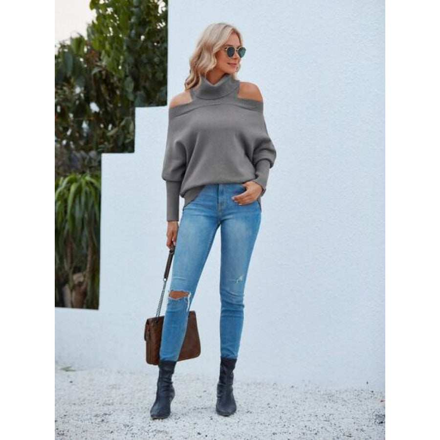 Off Shoulder Turtleneck Batwing Sleeve Sweater Clothing