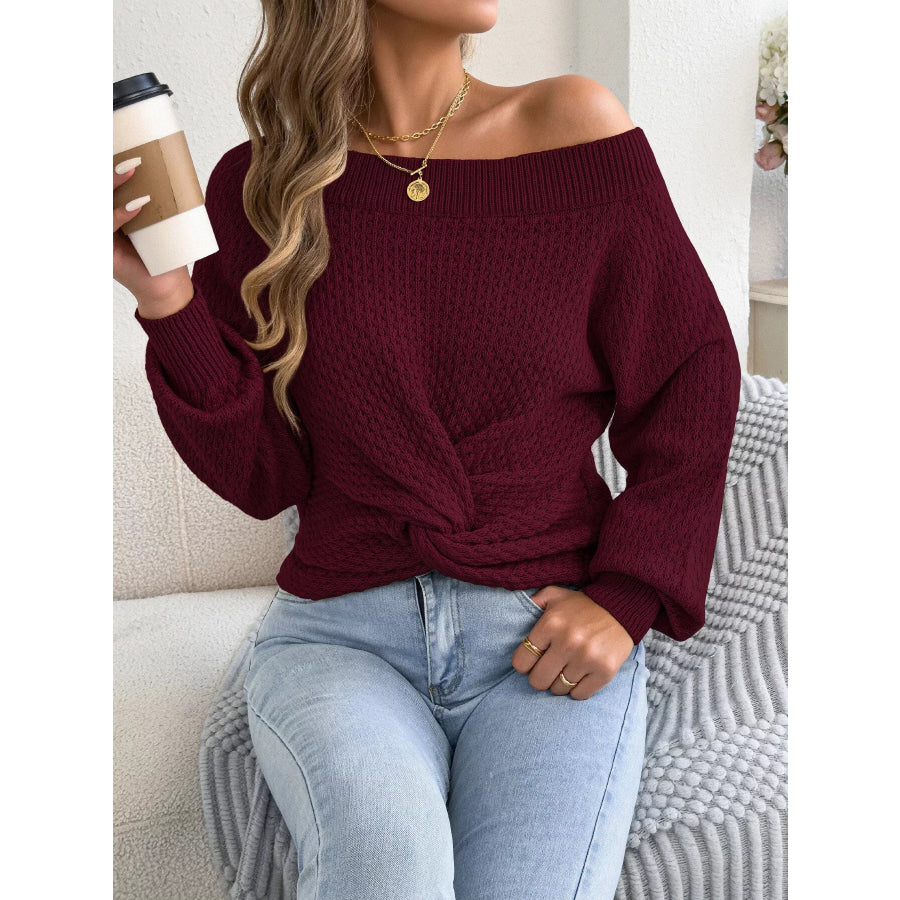 Off-Shoulder Twist Front Textured Knit Top Apparel and Accessories