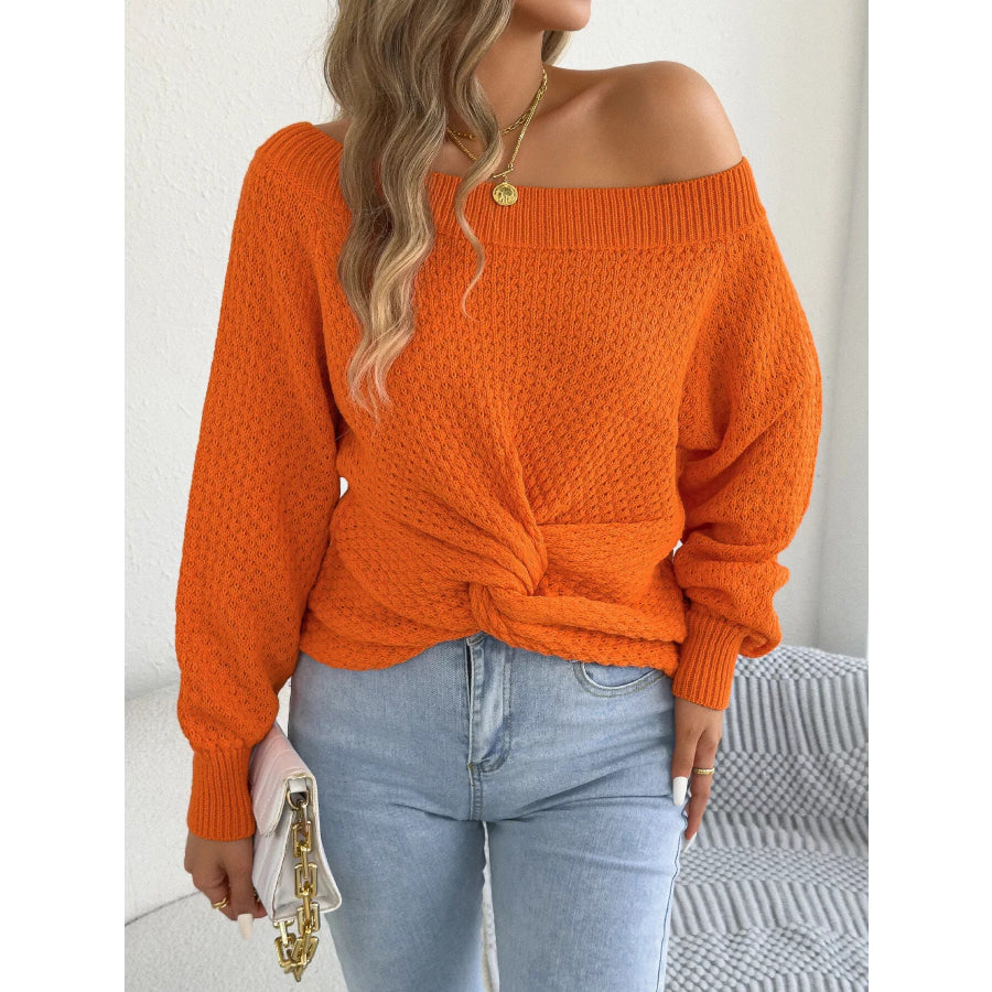 Off-Shoulder Twist Front Textured Knit Top Apparel and Accessories