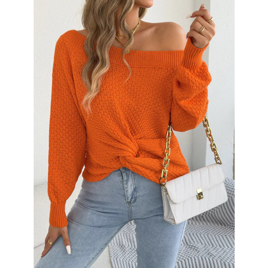 Off-Shoulder Twist Front Textured Knit Top Apparel and Accessories