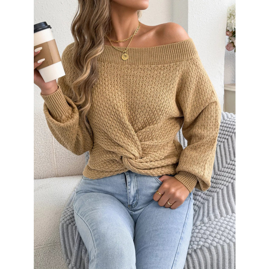 Off-Shoulder Twist Front Textured Knit Top Apparel and Accessories