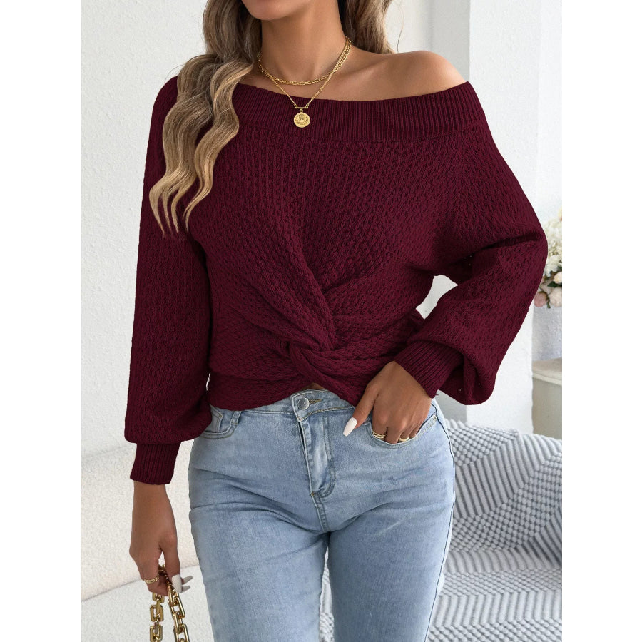 Off-Shoulder Twist Front Textured Knit Top Apparel and Accessories
