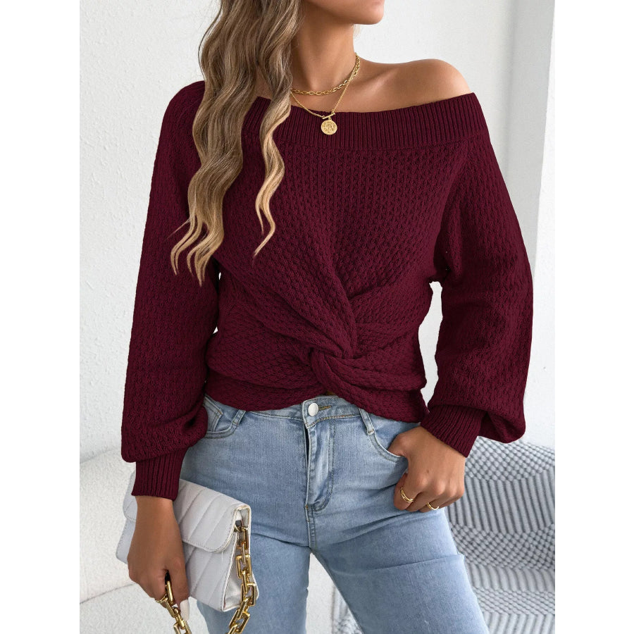 Off-Shoulder Twist Front Textured Knit Top Burgundy / S Apparel and Accessories