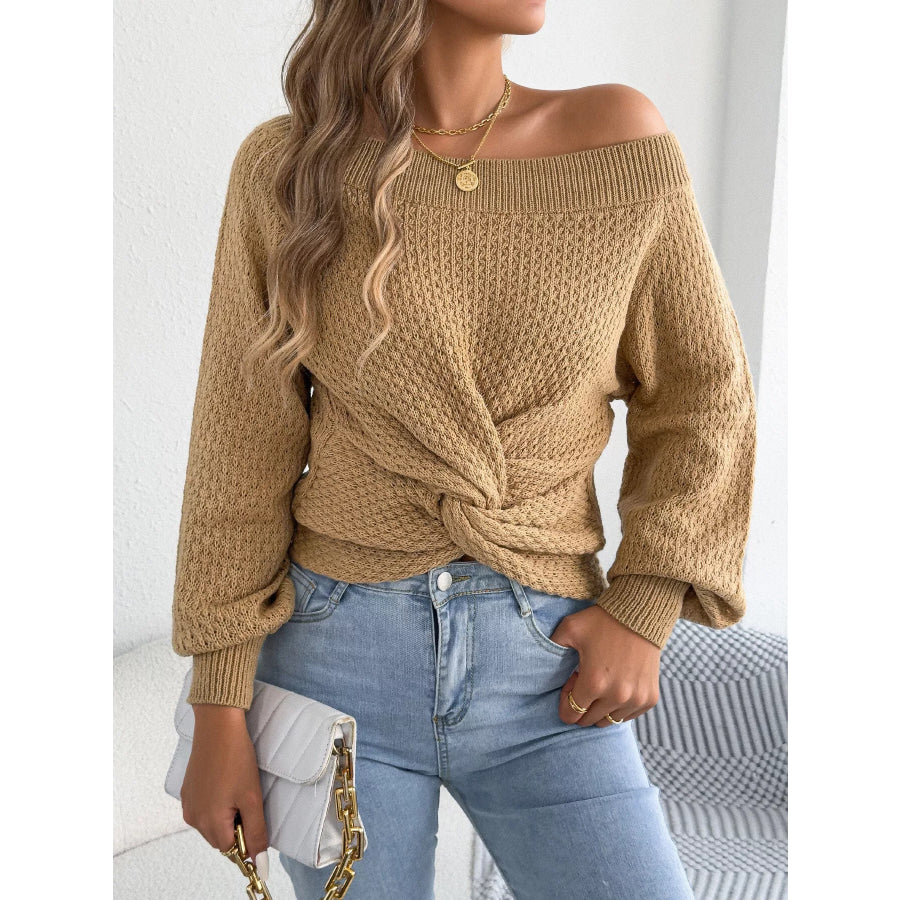 Off-Shoulder Twist Front Textured Knit Top Camel / S Apparel and Accessories