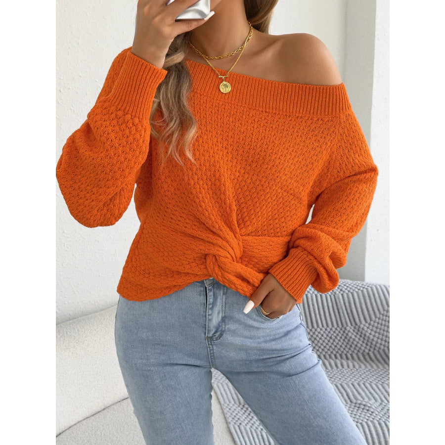 Off-Shoulder Twist Front Textured Knit Top Orange / S Apparel and Accessories