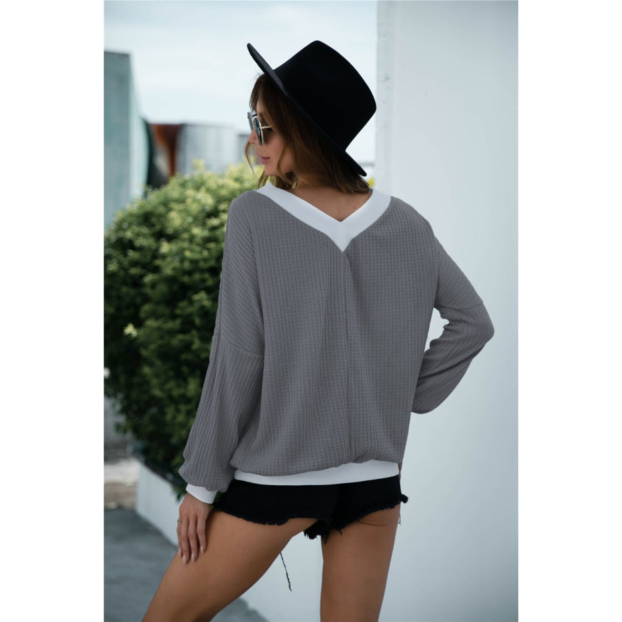 Off-Shoulder Waffle-Knit Dropped Shoulder Blouse Charcoal / S