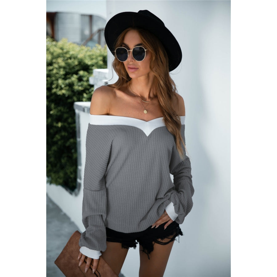 Off-Shoulder Waffle-Knit Dropped Shoulder Blouse