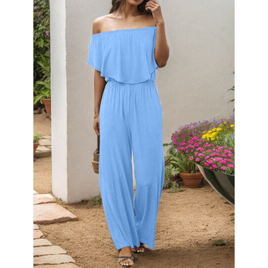 Off - Shoulder Wide Leg Jumpsuit Pastel Blue / S Apparel and Accessories