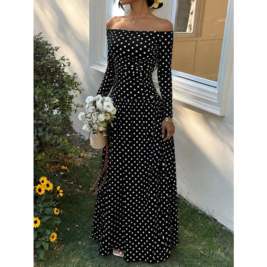 Off-the-Shoulder Maxi Dress Black Polka Dots / S Apparel and Accessories