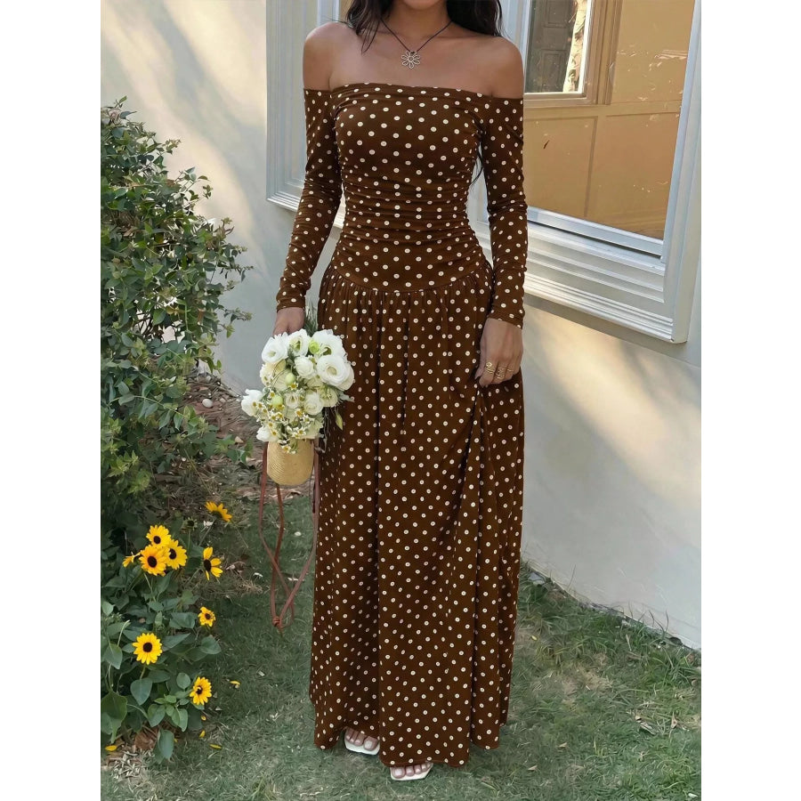 Off-the-Shoulder Maxi Dress Brown Polka Dots / S Apparel and Accessories