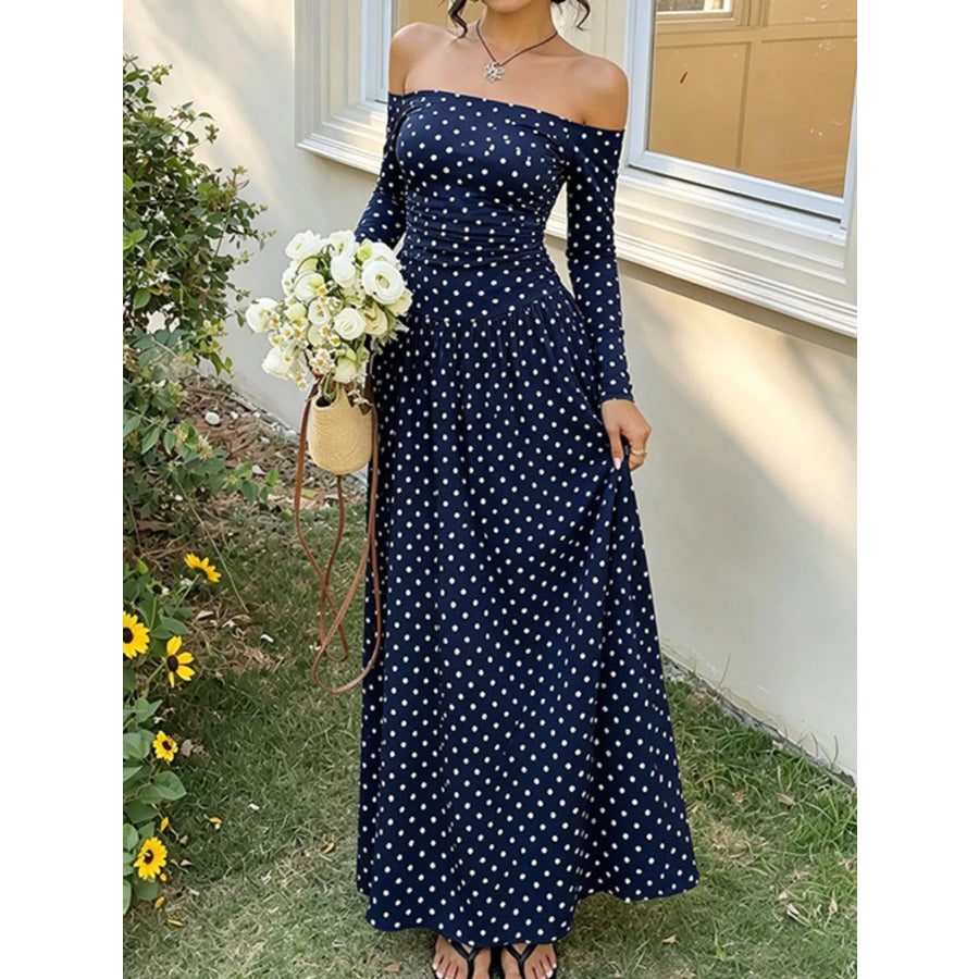 Off-the-Shoulder Maxi Dress Navy Blue Polka Dots / S Apparel and Accessories