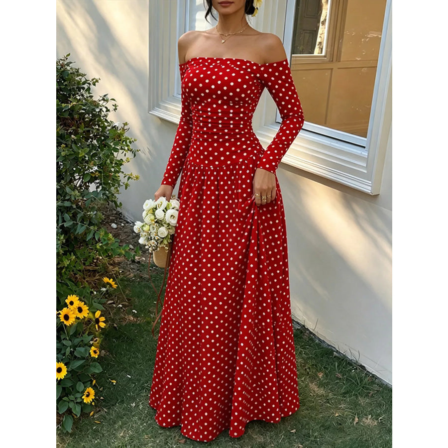 Off-the-Shoulder Maxi Dress Red Polka Dots / S Apparel and Accessories