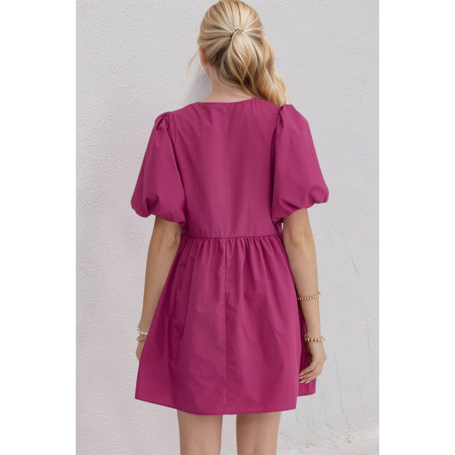 Oh Bow Ruched Puff Sleeve Mini Dress Cerise / S Apparel and Accessories