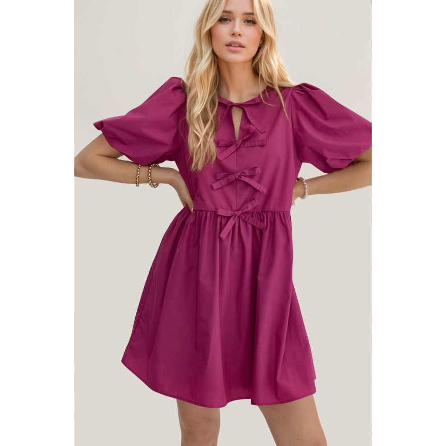 Oh Bow Ruched Puff Sleeve Mini Dress Cerise / S Apparel and Accessories