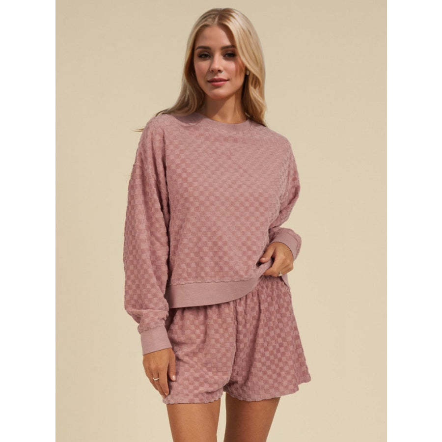 OH Checkered Round Neck Long Sleeve Top and Shorts Set Pale Blush / S Apparel and Accessories