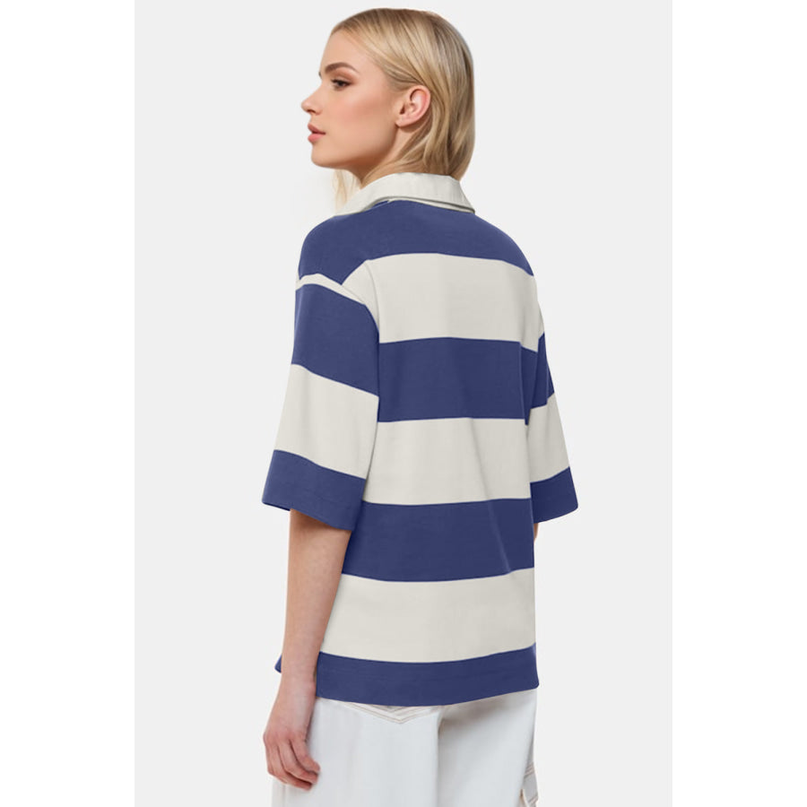 Oh Color Block Johnny Collar Half Sleeve Top Dusty Blue / S Apparel and Accessories