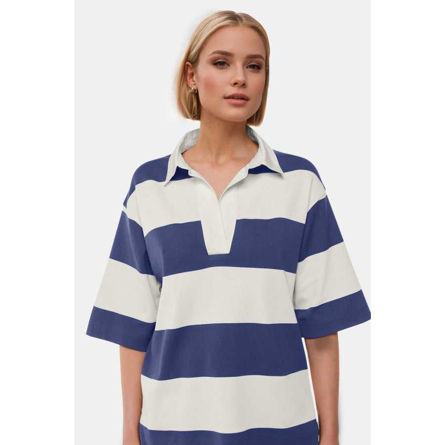 Oh Color Block Johnny Collar Half Sleeve Top Dusty Blue / S Apparel and Accessories