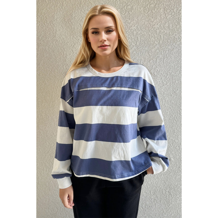 Oh Exposed Seam Contrast Striped Round Neck Long Sleeve T-Shirt Apparel and Accessories