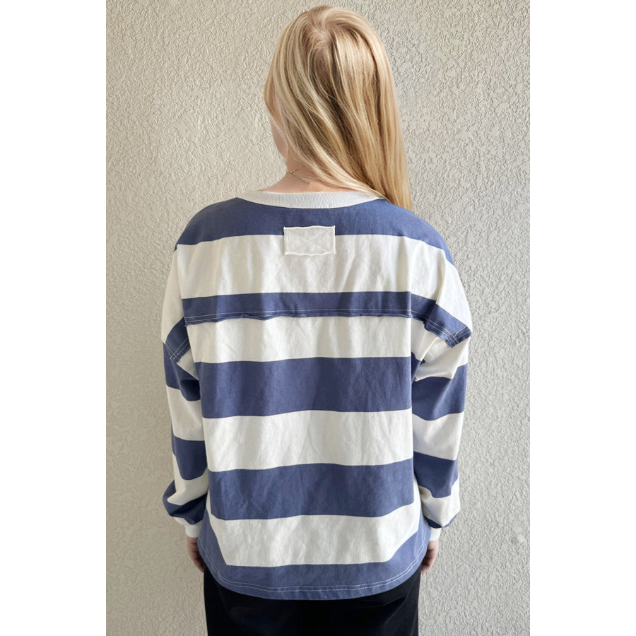 Oh Exposed Seam Contrast Striped Round Neck Long Sleeve T-Shirt Apparel and Accessories