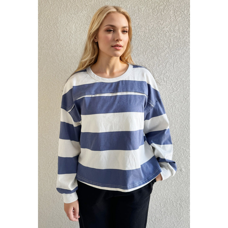 Oh Exposed Seam Contrast Striped Round Neck Long Sleeve T-Shirt Dusty Blue / S Apparel and Accessories