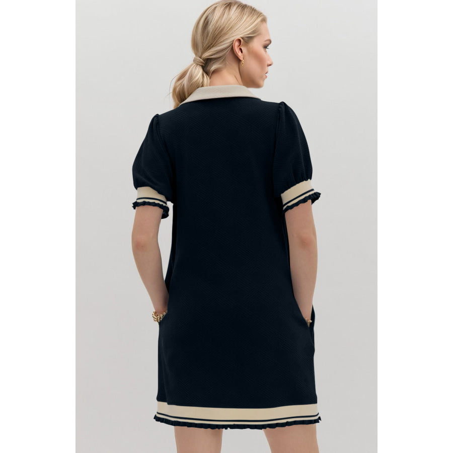 Oh Frill Contrast Trim Johnny Collar Short Sleeve Mini Dress Black / S Apparel and Accessories