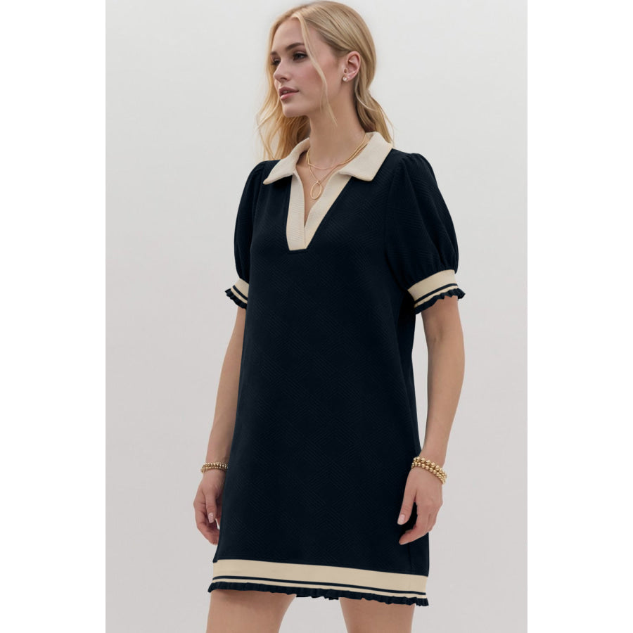 Oh Frill Contrast Trim Johnny Collar Short Sleeve Mini Dress Black / S Apparel and Accessories
