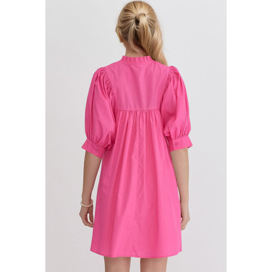 Oh Frill Notched Puff Sleeve Babydoll Mini Dress Hot Pink / S Apparel and Accessories