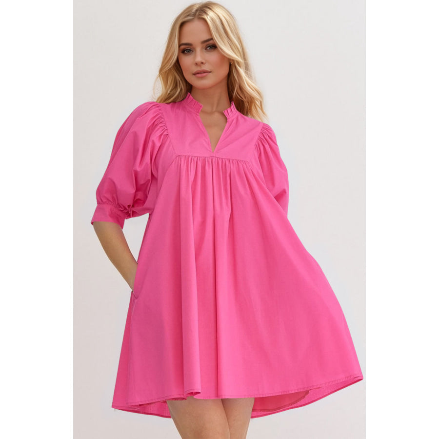 Oh Frill Notched Puff Sleeve Babydoll Mini Dress Hot Pink / S Apparel and Accessories