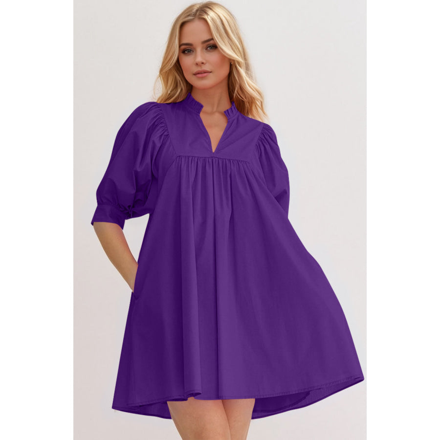 Oh Frill Notched Puff Sleeve Babydoll Mini Dress Purple / S Apparel and Accessories