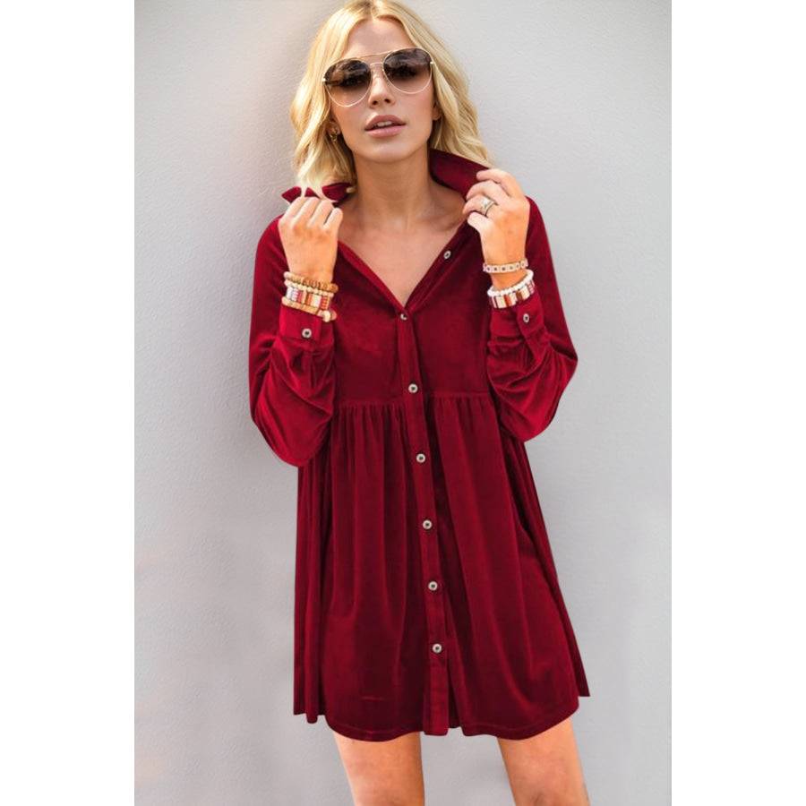 Oh Full Size Collared Neck Long Sleeve Mini Dress Apparel and Accessories