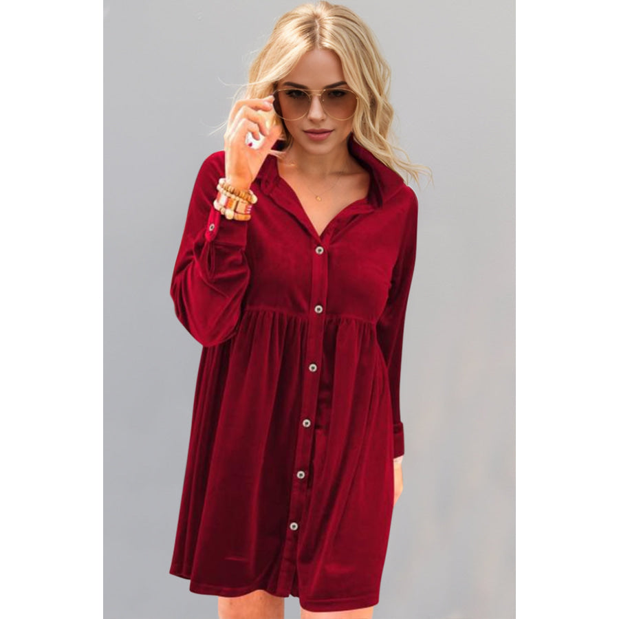 Oh Full Size Collared Neck Long Sleeve Mini Dress Deep Red / S Apparel and Accessories