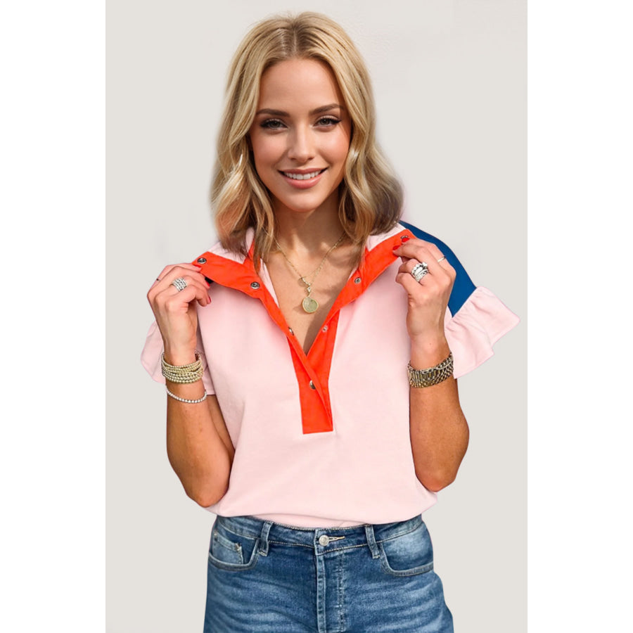 Oh Full Size Contrast Half Snap Short Sleeve Blouse Blush Pink / S Apparel and Accessories
