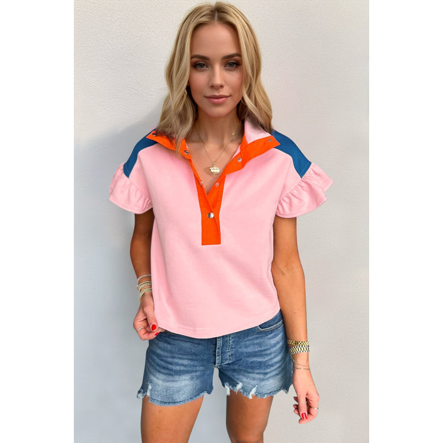 Oh Full Size Contrast Half Snap Short Sleeve Blouse Blush Pink / S Apparel and Accessories